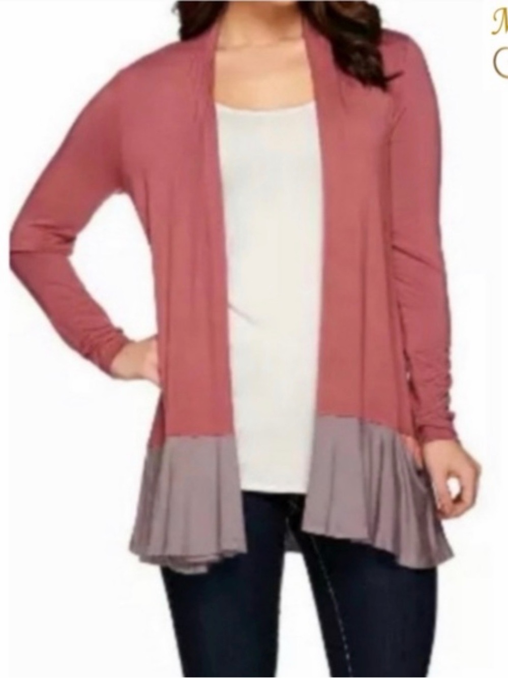 LOGO Lori Goldstein Color Block Mauve Purple Draped Cardigan XS